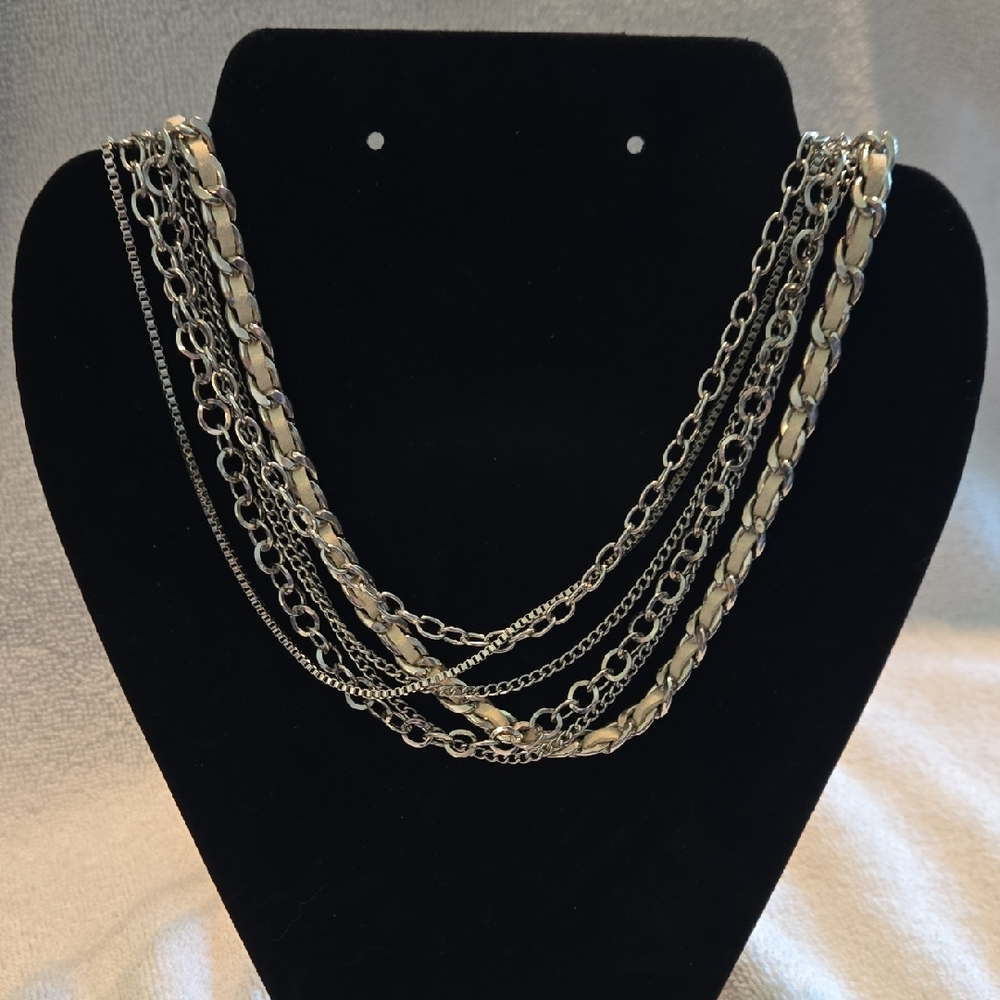 27" Silver And Leather Woven Multi Strand Chain Necklace